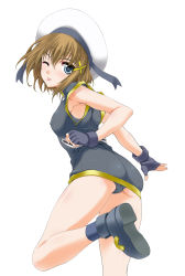 Rule 34 | 00s, 1girl, ;p, armpits, ass, blue eyes, boots, breasts, briest2001, brown hair, covered erect nipples, fingerless gloves, gloves, hair ornament, hat, lyrical nanoha, magical girl, mahou shoujo lyrical nanoha strikers, one eye closed, panties, pantyshot, short hair, small breasts, solo, standing, standing on one leg, tongue, tongue out, underwear, white hat, wink, x hair ornament, yagami hayate, yashima tetsuya