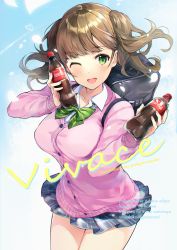Rule 34 | 1girl, ;d, absurdres, bag, blunt bangs, blush, bottle, bow, bowtie, breasts, brown hair, cardigan, coca-cola, commentary request, cowboy shot, drink, green bow, green bowtie, green eyes, hands up, highres, holding, holding drink, huge filesize, large breasts, long sleeves, looking at viewer, miniskirt, one eye closed, open mouth, original, pink cardigan, pleated skirt, ringozaka mariko, romaji text, school bag, school uniform, skirt, smile, solo, translation request, twintails