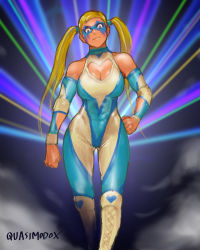 Rule 34 | 1girl, absurdres, alt text, blonde hair, bodysuit, boots, breasts, capcom, cleavage, cleavage cutout, clothing cutout, cross-laced footwear, detached sleeves, facepaint, hand on own hip, head tilt, heart cutout, highres, lace-up boots, long hair, quasimodox, rainbow mika, solo, street fighter, twintails, wrestling outfit