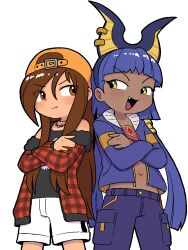 Rule 34 | 2girls, aged down, animal ears, anubia (potionomics), backwards hat, blunt ends, braid, cargo pants, carol (onirism), casual, commentary, dark-skinned female, dark skin, english commentary, eyes visible through hair, fang, freckles, hat, jacket, jewelry, long hair, low twin braids, midriff, multiple girls, navel, necklace, onirism, open mouth, pants, plaid, plaid jacket, potionomics, purple jacket, shino (shinokani), shorts, smile, strapless, tube top, twin braids, very long hair, white shorts