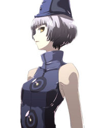 Rule 34 | 1girl, atlus, bare shoulders, elizabeth (persona), lowres, persona, persona 3, simple background, sleeveless, solo, tokyo (great akuta), white hair, yellow eyes