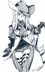 Rule 34 | 1girl, arknights, ascot, breasts, clothing cutout, commentary, cowboy shot, detached sleeves, gloves, greyscale, hair ornament, hat, hatching, highres, holding, large breasts, long hair, looking at viewer, monochrome, simple background, skadi (arknights), skadi (elite ii) (arknights), solo, thigh cutout, thigh strap, twitter username, white background, yom (ymayma00ss)