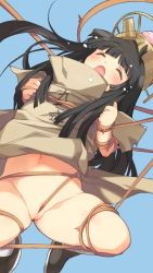 Rule 34 | black hair, blush, bottomless, bound, box, cardboard box, cleft of venus, clenched hands, evenicle, closed eyes, game cg, hat, highres, moaning, navel, open mouth, pussy, rope, shoes, sneakers, tied up