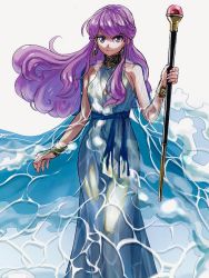 Rule 34 | 1girl, artist request, breasts, closed mouth, dragon quest, dragon quest ii, dress, earrings, jewelry, long hair, looking at viewer, princess of moonbrook, purple eyes, purple hair, simple background, smile, solo, staff, water, white background