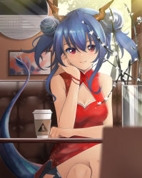 Rule 34 | 1girl, arknights, bare arms, bare shoulders, bead bracelet, beads, blue hair, blush, bracelet, branch, breasts, ch&#039;en (ageless afterglow) (arknights), ch&#039;en (arknights), china dress, chinese clothes, cleavage, cleavage cutout, clothing cutout, coffee cup, commentary, commentary request, cup, disposable cup, double bun, dragon horns, dragon tail, dress, flower, hair between eyes, hair bun, hand up, head rest, horns, indoors, jewelry, kampher (yekxiong), long hair, looking at viewer, md5 mismatch, medium breasts, official alternate costume, partial commentary, red dress, red eyes, resolution mismatch, sitting, sleeveless, sleeveless dress, smile, solo, source larger, tail, twintails, white flower