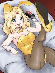 Rule 34 | 1girl, :d, animal ears, armpits, back-seamed legwear, black pantyhose, blonde hair, blue eyes, blurry, blurry foreground, boots, bow, bowtie, breasts, can, cleavage, collar, crotch seam, decembrachiata, depth of field, detached collar, drink can, english text, fake animal ears, futon, girls und panzer, hair intakes, high heel boots, high heels, holding, holding can, kay (girls und panzer), legs, leotard, long hair, looking at viewer, lying, medium breasts, on back, on bed, open mouth, pantyhose, playboy bunny, rabbit ears, seamed legwear, side-tie leotard, smile, soda can, solo, strapless, strapless leotard, white collar, wing collar, wrist cuffs, yellow bow, yellow bowtie, yellow footwear, yellow pantyhose