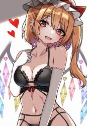 Rule 34 | 1girl, absurdres, black bra, black garter belt, black panties, blonde hair, bow, bow bra, bra, breasts, commentary, crystal, earrings, elbow gloves, fang, flandre scarlet, garter belt, gloves, half-closed eyes, halterneck, hand on own chest, hat, hat bow, head tilt, heart, highres, jewelry, kiui (dagk8254), lace, lace-trimmed bra, lace trim, lingerie, looking at viewer, medium breasts, medium hair, mob cap, navel, one side up, panties, red bow, red eyes, solo, standing, string panties, touhou, underwear, underwear only, white gloves, white hat, wings