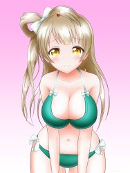 Rule 34 | 1girl, absurdres, artist name, artist request, bare shoulders, bikini, blush, bow, breasts, brown eyes, brown hair, collarbone, female focus, flower hair ornament, green bikini, grey hair, hair bow, hair ornament, hair rings, hairclip, highres, light brown hair, long hair, looking at viewer, love live!, love live! school idol project, medium breasts, minami kotori, parted lips, pink background, ponytail, side-tie bikini bottom, side ponytail, smile, solo, swimsuit, white background, white bow, yellow eyes