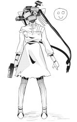 Rule 34 | 1girl, apron, bow, cable, camera, cardiogram, collared shirt, dalloc (project moon), full body, gun, hair bow, highres, holding, holding gun, holding weapon, humanoid robot, library of ruina, long sleeves, madotsuki ren, monitor, project moon, robot, shirt, smiley face, solo, weapon