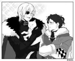 2boys animal armor blush border breastplate cape cat clenched_teeth commentary commentary_request crossed_arms dimitri_alexandre_blaiddyd english_commentary eyepatch felix_hugo_fraldarius fire_emblem fire_emblem:_three_houses fur-trimmed_cape fur-trimmed_gloves fur_trim gauntlets gloves greyscale hair_between_eyes holding holding_animal holding_cat hood hood_down leather_armor looking_at_another male_focus monochrome multiple_boys nintendo one_eye_closed open_mouth ponytail qiniing short_ponytail sparkle teeth tongue twitter_username upper_body upper_teeth_only