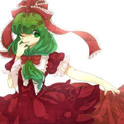 Rule 34 | 1girl, bow, dress, female focus, frills, front ponytail, green eyes, green hair, hair bow, hair ornament, hair ribbon, hand to own mouth, highres, kagiyama hina, long hair, matching hair/eyes, one eye closed, puffy sleeves, rarorimiore, red dress, ribbon, short sleeves, simple background, skirt hold, solo, touhou, white background, wink