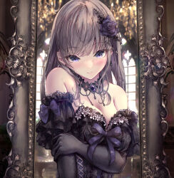 Rule 34 | 1girl, architecture, bare shoulders, black dress, blue eyes, blush, breast lift, breasts, brown hair, cleavage, collar, dress, elbow gloves, flower, gloves, goth fashion, gothic architecture, gothic lolita, grabbing own arm, hair flower, hair ornament, head tilt, highres, indoors, large breasts, lolita fashion, looking at viewer, medium hair, missile228, original, ribbon, shy, window