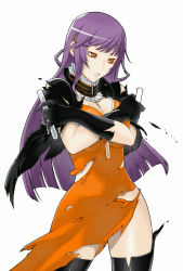 Rule 34 | 1girl, between breasts, black cape, black gloves, breast press, breasts, caladrius, cape, choker, cleavage, dress, elbow gloves, female focus, frilled choker, frills, gloves, large breasts, long hair, official art, orange dress, orange eyes, purple hair, simple background, solo, sophia fulancelli, test tube, thighhighs, thighs, torn clothes, torn dress, yasuda suzuhito