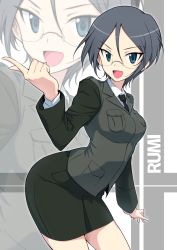 Rule 34 | 10s, 1girl, black hair, blue eyes, character name, contrapposto, girls und panzer, glasses, hair between eyes, halcon, hand up, highres, jacket, looking at viewer, military, military uniform, miniskirt, necktie, open mouth, parted bangs, pencil skirt, rumi (girls und panzer), selection university military uniform, simple background, skirt, smile, solo, standing, uniform, zoom layer