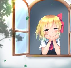 Rule 34 | 1girl, ascot, black vest, blonde hair, blush, commentary request, elbow rest, from outside, hair ribbon, head in hand, head rest, highres, leaf, looking at viewer, looking outside, open window, red ascot, red eyes, ribbon, rody (hayama yuu), rumia, shirt, short hair, short sleeves, smile, solo, touhou, vest, white shirt, wind, window