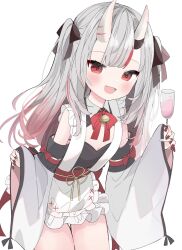 Rule 34 | 1girl, alternate costume, apron, bell, detached sleeves, frilled apron, frills, gradient hair, grey hair, highres, hololive, horns, multicolored hair, nakiri ayame, neck bell, neck ribbon, nocchi (r ws2l), red eyes, ribbon, skin-covered horns, streaked hair, virtual youtuber, wide sleeves
