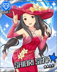 Rule 34 | 10s, 1girl, alternate hairstyle, bare shoulders, black hair, brown eyes, card (medium), character name, collarbone, detached sleeves, gem (symbol), dress, flower, hat, idolmaster, idolmaster cinderella girls, long hair, looking at viewer, low twintails, microphone, official art, open mouth, red dress, sena shiori (idolmaster), sleeveless, sleeveless dress, smile, solo, twintails