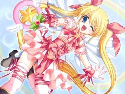 Rule 34 | 00s, 1girl, ;d, angel wings, blonde hair, blue eyes, boots, bow, corset, da capo, da capo i, da capo summer vacation, dress, dutch angle, game cg, gloves, hair ribbon, happy, long hair, m/, magical girl, nanao naru, one eye closed, open mouth, panties, pantyshot, pink bow, pink thighhighs, rainbow, ribbon, smile, solo, standing, standing on one leg, star (symbol), thighhighs, twintails, underwear, wand, white panties, wings, wink, yoshino sakura