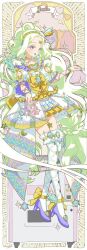 Rule 34 | 1girl, arcade cabinet, border, bow, character name, commentary request, crescent, dress, frilled dress, frills, full body, green hair, headphones, high heels, highres, jewlie (pripara), long hair, looking at viewer, open mouth, parted bangs, pretty series, pripara, priticket, purple eyes, purple footwear, smile, standing, star (symbol), thighhighs, very long hair, white border, white dress, white thighhighs, yellow bow, yu (prpyuu)