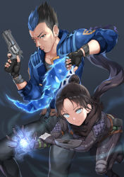 Rule 34 | 1boy, 1girl, absurdres, animification, apex legends, black bodysuit, black gloves, black hair, blue eyes, blue hair, blue jacket, bodysuit, brown eyes, crossover, electricity, eyebrow cut, fingerless gloves, gloves, gun, hair behind ear, hair bun, handgun, highres, holding, holding gun, holding weapon, jacket, looking ahead, looking at viewer, multicolored hair, nedia (nedia region), open hand, parted bangs, parted lips, power connection, revolver, single hair bun, streaked hair, valorant, weapon, wraith (apex legends), yoru (valorant)