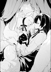 Rule 34 | 2girls, animal ears, blush, breasts, commentary request, closed eyes, greyscale, hairband, highres, kiss, long hair, long sleeves, maid, monochrome, multiple girls, original, pillow, sitting, tail, yuri, zanka (the-only-neat)