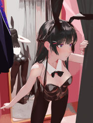 Rule 34 | 1girl, absurdres, alternate costume, animal ears, bare shoulders, black bow, black bowtie, black eyes, black hair, black pantyhose, blazer, blunt bangs, blunt ends, blush, bow, bowtie, braid, breasts, changing room, commentary, curtain grab, curtains, detached collar, fake animal ears, fake tail, feet out of frame, french braid, hair ornament, hairclip, highres, hime cut, jacket, leaning forward, leotard, lips, looking away, medium breasts, mirror, multicolored eyes, nijisanji, pantyhose, playboy bunny, purple eyes, rabbit ears, rabbit tail, reflection, school uniform, solo, symbol-only commentary, tacshojosora, tail, tsukino mito, virtual youtuber
