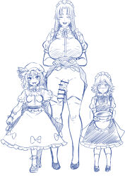 Rule 34 | 3girls, aged down, alternate costume, apron, ascot, back bow, blush, bow, bow skirt, bowtie, braid, breasts, censored, closed eyes, clothes lift, commentary request, covered erect nipples, dress, enmaided, flaccid, flat chest, footwear bow, frilled shirt, frilled shirt collar, frilled skirt, frilled sleeves, frilled socks, frills, futanari, hair bow, hat, hat bow, highres, holding, holding plate, holding spoon, hong meiling, impossible clothes, impossible shirt, izayoi sakuya, large breasts, large penis, long hair, looking at another, looking at viewer, maid, maid headdress, mob cap, monochrome, multiple girls, open mouth, penis, penis awe, penis grab, plate, puffy short sleeves, puffy sleeves, remilia scarlet, shiraue yuu, shirt, shoes, short hair, short sleeves, skirt, skirt lift, small breasts, socks, spoon, sweatdrop, teeth, thick eyebrows, thighhighs, touhou, twin braids, upper teeth only, waist apron, white background, wrist cuffs