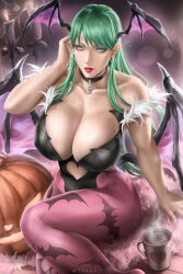 Rule 34 | 1girl, absurdres, animal print, bare shoulders, bat print, bat wings, black choker, black leotard, breasts, candle, choker, cleavage, clothing cutout, commentary, cup, demon girl, earrings, english commentary, fur-trimmed leotard, fur trim, green eyes, green hair, hand in own hair, hand up, head wings, heart cutout, highres, hoop earrings, jewelry, large breasts, leotard, lipstick, long hair, low wings, makeup, mole, mole on breast, morrigan aensland, mug, pantyhose, print pantyhose, pumpkin, purple pantyhose, purple wings, red lips, sitting, solo, steam, straight hair, strapless, strapless leotard, vampire (game), very long hair, wings, wtparadise
