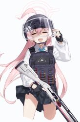 Rule 34 | 1girl, ahoge, black gloves, black skirt, blue archive, blue necktie, collared shirt, cowboy shot, cropped legs, fang, fingernails, gloves, greenkohgen, gun, hair between eyes, halo, highres, holding, holding gun, holding weapon, hoshino (blue archive), long hair, long sleeves, necktie, open mouth, pink hair, pink halo, plaid, plaid skirt, pleated skirt, shaded face, shirt, simple background, skirt, solo, weapon, white background, white shirt