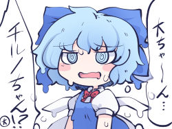 Rule 34 | 1girl, @ @, blue bow, blue dress, blue eyes, blue hair, blush stickers, bow, chahan (fried rice0614), cirno, collared shirt, detached wings, dress, fairy, hair bow, ice, ice wings, one-hour drawing challenge, open mouth, puffy short sleeves, puffy sleeves, shirt, short hair, short sleeves, simple background, solo, speech bubble, touhou, translation request, upper body, white background, white shirt, wings