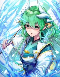Rule 34 | 1girl, black cola, breasts, dragon girl, dragon horns, fate/grand order, fate (series), folding fan, green hair, hand fan, highres, horns, japanese clothes, kimono, kiyohime (fate), long hair, long sleeves, looking at viewer, medium breasts, multiple horns, obi, parted lips, sash, shaded face, solo, wide sleeves, yellow eyes