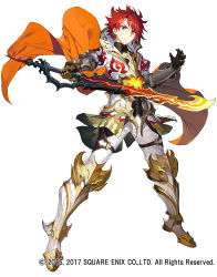 Rule 34 | 1boy, armor, cape, closed mouth, commentary request, full body, gaou (umaiyo puyoman), gauntlets, grimms notes, high collar, holding, holding sword, holding weapon, ignis verfleim, legs apart, male focus, official art, pants, red eyes, red hair, simple background, solo, standing, sword, watermark, weapon, white background