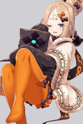 Rule 34 | 1girl, abigail williams (fate), abigail williams (winter caravan online 2021) (fate), bandaid, bandaid on face, bandaid on forehead, black bow, blonde hair, blue eyes, bow, capelet, crossed bandaids, fate/grand order, fate (series), fur-trimmed capelet, fur trim, grey background, hair bow, hair bun, highres, long hair, looking at viewer, multiple hair bows, one eye closed, open mouth, orange bow, orange pantyhose, pantyhose, parted bangs, ryofuhiko, simple background, single hair bun, sleeves past fingers, sleeves past wrists, solo, wavy mouth