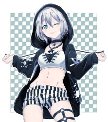 Rule 34 | 1girl, ;p, aoba moca, aqua eyes, bad id, bad twitter id, bang dream!, black choker, black jacket, chain, chain necklace, checkered background, choker, clenched hands, commentary request, cowboy shot, crop top, cross-laced clothes, drawstring, groin, hair between eyes, hood, hood up, hooded jacket, jacket, jewelry, leg strap, long sleeves, looking at viewer, midriff, muchise, navel, necklace, o-ring, one eye closed, paint stains, pendant, short hair, short shorts, shorts, solo, splatter print, striped clothes, striped shorts, thigh strap, tongue, tongue out, vertical-striped clothes, vertical-striped shorts, white hair