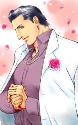 Rule 34 | 1boy, animification, bad id, bad pixiv id, black hair, blue eyes, boutonniere, cabanatan, flower, formal, jacket, jacket on shoulders, jewelry, male focus, necklace, own hands together, petals, pink flower, pink rose, rose, rose petals, solo, suit, wade barrett, wwe