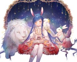 Rule 34 | 1girl, absurdres, animal, animal ears, animal on shoulder, bad id, bad pixiv id, belt, bird, bird on shoulder, blue bow, blue hair, blush, book, bow, closed mouth, colored sclera, dress, eyepatch, film grain, fingernails, floral print, frilled bow, frilled dress, frills, green bow, green eyes, hair bow, highres, honzuki no gekokujou, huge filesize, jewelry, lion, long hair, looking at another, modoki kuma, mouse (animal), myne (honzuki no gekokujou), open book, open mouth, orange eyes, pink dress, rabbit ears, ring, sitting, sky, star (sky), star (symbol), starry sky, tail, tail bow, tail ornament, very long hair, white dress, white legwear, yellow sclera