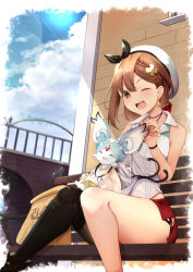 Rule 34 | 1girl, ;d, atelier (series), atelier ryza, atelier ryza 2, bag, bare shoulders, beret, black choker, black ribbon, black thighhighs, blush, border, braid, breasts, brown hair, choker, cloud, commentary request, creature, day, earrings, feet out of frame, fi (atelier), hair ribbon, hat, headpat, jewelry, lens flare, medium breasts, minato yu, one eye closed, open mouth, outdoors, outside border, red shorts, reisalin stout, ribbon, short hair, short shorts, shorts, single thighhigh, sleeveless, smile, thighhighs, thighs, vest, white border, white headwear, white vest, yellow eyes