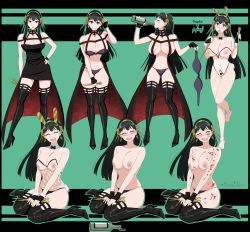 Rule 34 | absurdres, alcohol, animal ears, black bow, black bowtie, black dress, black hair, black panties, black pubic hair, blood, blood on breasts, blood on face, blood on leg, blunt ends, boots, bottle, bow, bowtie, bra, unworn bra, breasts, cleavage, dagger, detached collar, dismaiden, dress, drinking, earrings, fake animal ears, hairband, high heel boots, high heels, highres, jewelry, knife, large breasts, long hair, meme, navel, nipples, open mouth, panties, pussy, rabbit ears, red eyes, short dress, sidelocks, sitting, smile, spy x family, thigh boots, topless, twitter strip game (meme), underwear, wariza, weapon, wine bottle, wrist cuffs, yellow hairband, yor briar