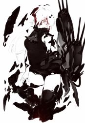 Rule 34 | 10s, 1girl, abyssal ship, black dress, boots, colored skin, covering own mouth, dress, glowing, glowing eye, hair over one eye, kantai collection, long hair, ne-class heavy cruiser, pale skin, red eyes, school uniform, serafuku, short dress, solo, thigh boots, thighhighs, tugmix, white background, white hair, white skin