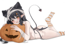 Rule 34 | 1girl, absurdres, animal ears, ass, bandaged arm, bandaged head, bandages, black hair, blush, cat ears, commentary, copyright request, demon girl, demon tail, demon wings, fang, food-themed hair ornament, hair ornament, haku (liiixixixiii), halloween, highres, leg up, long hair, looking at viewer, loose bandages, loose socks, low wings, lying, mole, mole under eye, on stomach, open mouth, orange eyes, pointy ears, pumpkin, pumpkin hair ornament, simple background, socks, solo, striped clothes, striped socks, tail, thong, topless, underwear, underwear only, white background, wings