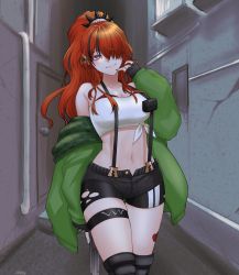 Rule 34 | 1girl, absurdres, alley, bandeau, bare shoulders, black gloves, black hair, black shorts, breasts, cleavage, cowboy shot, fingerless gloves, gloves, green jacket, hair over one eye, hand up, highres, jacket, lain paterson, lain paterson (1st costume), large breasts, long hair, long sleeves, looking at viewer, midriff, multicolored hair, navel, nijisanji, off shoulder, open clothes, open fly, open jacket, ponytail, pouch, purple eyes, red hair, short shorts, shorts, shunmin (haru min411), smile, solo, standing, stomach, strapless, streaked hair, suspenders, thigh strap, thighhighs, thighs, tube top, virtual youtuber