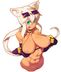 Rule 34 | 1girl, :p, abs, animal ears, bare shoulders, breasts, cat ears, cat girl, cat tail, dark skin, dark-skinned female, elbow gloves, eyewear on head, gloves, green eyes, highres, inverted nipples, kaiten muten-maru, large breasts, long hair, looking at viewer, metata, navel, nipples, no legs, puffy nipples, shamu meruruusa, simple background, smile, solo, sunglasses, tail, toned, tongue, tongue out, undressing, upper body, white background, white hair