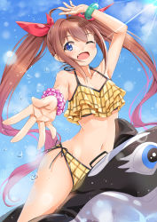 Rule 34 | 1girl, absurdres, ahoge, bikini, black ribbon, blue eyes, blue sky, bow, bracelet, breasts, brown hair, cleavage, collarbone, day, fang, floating hair, groin, hair bow, highres, jewelry, lens flare, long hair, looking at viewer, miri (ago550421), navel, one eye closed, open mouth, original, outdoors, red bow, ribbon, riding, scrunchie, sky, small breasts, solo, sparkle, sunlight, swimsuit, twintails, very long hair, wrist scrunchie, yellow bikini