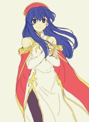 Rule 34 | 1girl, blue eyes, blue hair, cape, closed mouth, dress, fire emblem, fire emblem: the binding blade, hat, highres, lilina (fire emblem), long hair, nintendo, okuo aburami, red cape, red hat, simple background, solo, white background, white dress