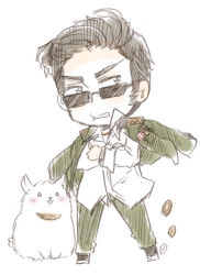 Rule 34 | 1boy, animal, axis powers hetalia, badge, black hair, blush, chibi, coin, collar, colored skin, crossed arms, dog, frown, himaruya hidekazu, jacket, jacket on shoulders, jewelry, long sleeves, lowres, male focus, molossia (hetalia), necklace, o o, official art, pants, shirt, sideburns, simple background, solo, sunglasses, teeth, white background, white shirt, white skin