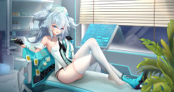 Rule 34 | 1girl, absurdres, window blinds, blue eyes, blue footwear, boots, breasts, chinese commentary, commentary request, crossed legs, dress, full body, girls&#039; frontline, girls&#039; frontline neural cloud, hair between eyes, hat, heart, heart-shaped pupils, high heel boots, high heels, highres, holding, holding syringe, indoors, knees up, liu liaoliao, long hair, looking at viewer, no shoes, nurse cap, open mouth, pa-15 (girls&#039; frontline), plant, silver hair, single boot, sitting, small breasts, solo, symbol-shaped pupils, syringe, thick eyebrows, thighhighs, two side up, white dress, white thighhighs
