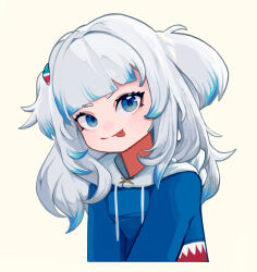Rule 34 | 1girl, :p, blue eyes, blue hair, blue hoodie, closed mouth, colored tips, cropped torso, gawr gura, gawr gura (1st costume), hair ornament, hololive, hololive english, hood, hoodie, kokee12, long hair, looking at viewer, multicolored hair, shark hair ornament, shark print, simple background, smile, solo, tongue, tongue out, upper body, virtual youtuber, white background, white hair