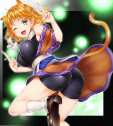 Rule 34 | 1girl, animal ears, ass, bad id, bad nicoseiga id, bike shorts, bike shorts under skirt, blonde hair, breasts, cat ears, cat girl, cat tail, extra ears, fang, female focus, fingernails, green eyes, kemonomimi mode, large breasts, long fingernails, looking back, middle finger, mizuhashi parsee, one eye closed, open mouth, pointy ears, shoes, shorts, shorts under skirt, socks, solo, sugimeno, tail, touhou, v, white socks, wink