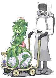 Rule 34 | 1boy, 1girl, boots, closed mouth, colored skin, commentary request, flower, gas mask, green eyes, green hair, green skin, hair between eyes, idon, leaf, long sleeves, looking at viewer, mask, monster girl, original, plant girl, plant hair, simple background, standing, tentacles, white background