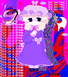 Rule 34 | 1girl, ?, abstract background, back bow, black eyes, black footwear, blonde hair, bow, closed mouth, collared dress, colorful, distortion, dress, dress bow, drop shadow, english text, expressionless, eyes visible through hair, fish, frilled dress, frills, full body, glitch, hat, highres, holding, holding ribbon, long sleeves, looking at viewer, maribel hearn, mary janes, medium hair, mob cap, multicolored background, neck ribbon, pink ribbon, purple bow, purple dress, purple hat, ribbon, shoes, sleepwalk zzz, solo, standing, static, straight-on, surreal, swirl, touhou